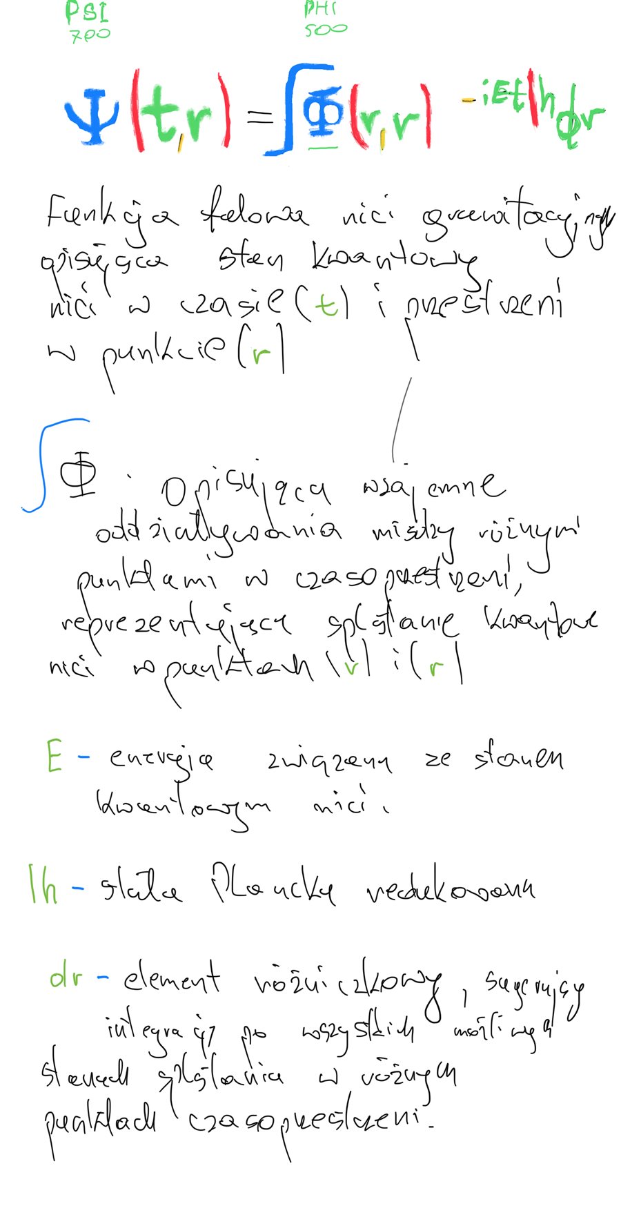 Handwritten lab-notebook page — the wave function psi of t and r derived by hand in coloured ink